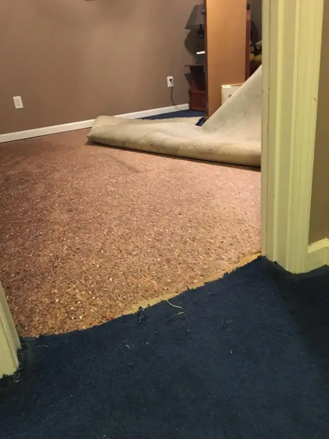 Carpet pad removal revealing water damage during Drying & Dehumidification in Hiram